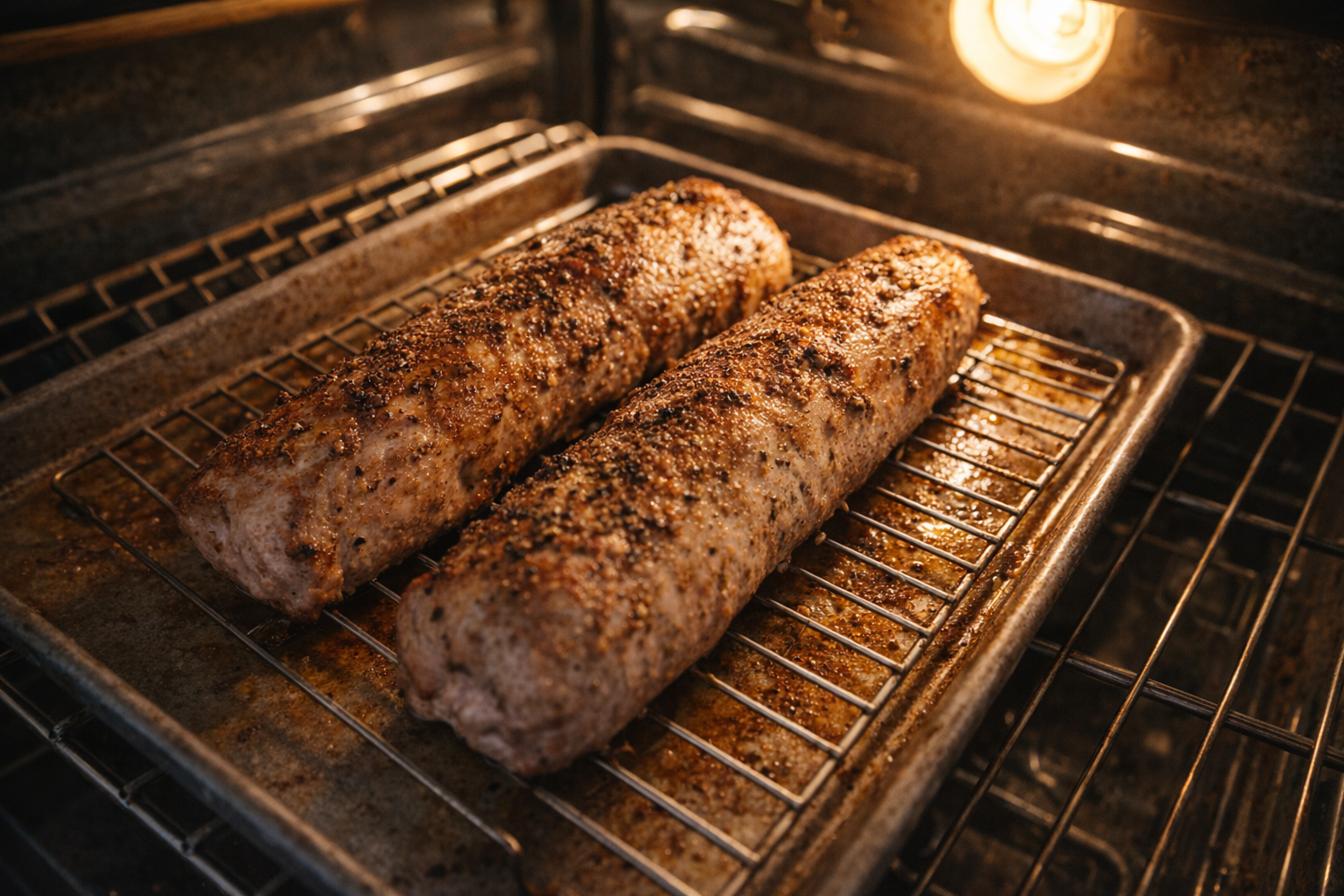 An overhead shot of pork tenderloin roasting in the oven, browning nicely on a baking sheet with a rack. The oven light is on, illuminating the scene.
